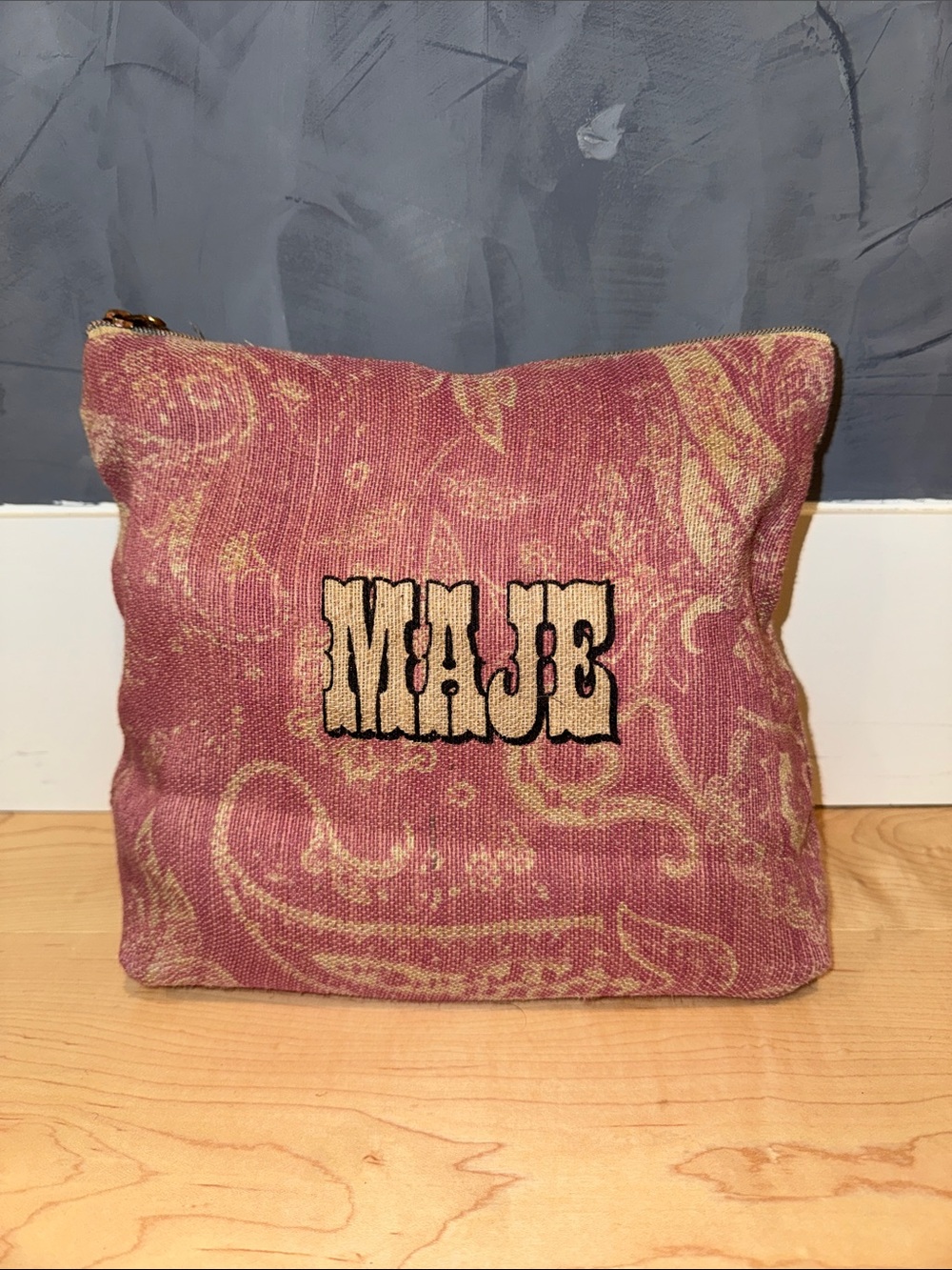 MAJE Pink and Gold Paisley Embroidered Zip Pouch